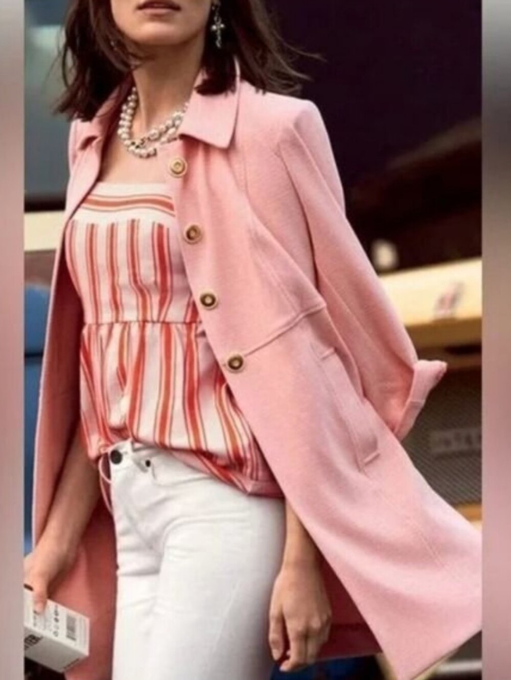 Cabi Take Peacoat 5 Topper Peachy Pink Textured Knit Gold Toned buttons